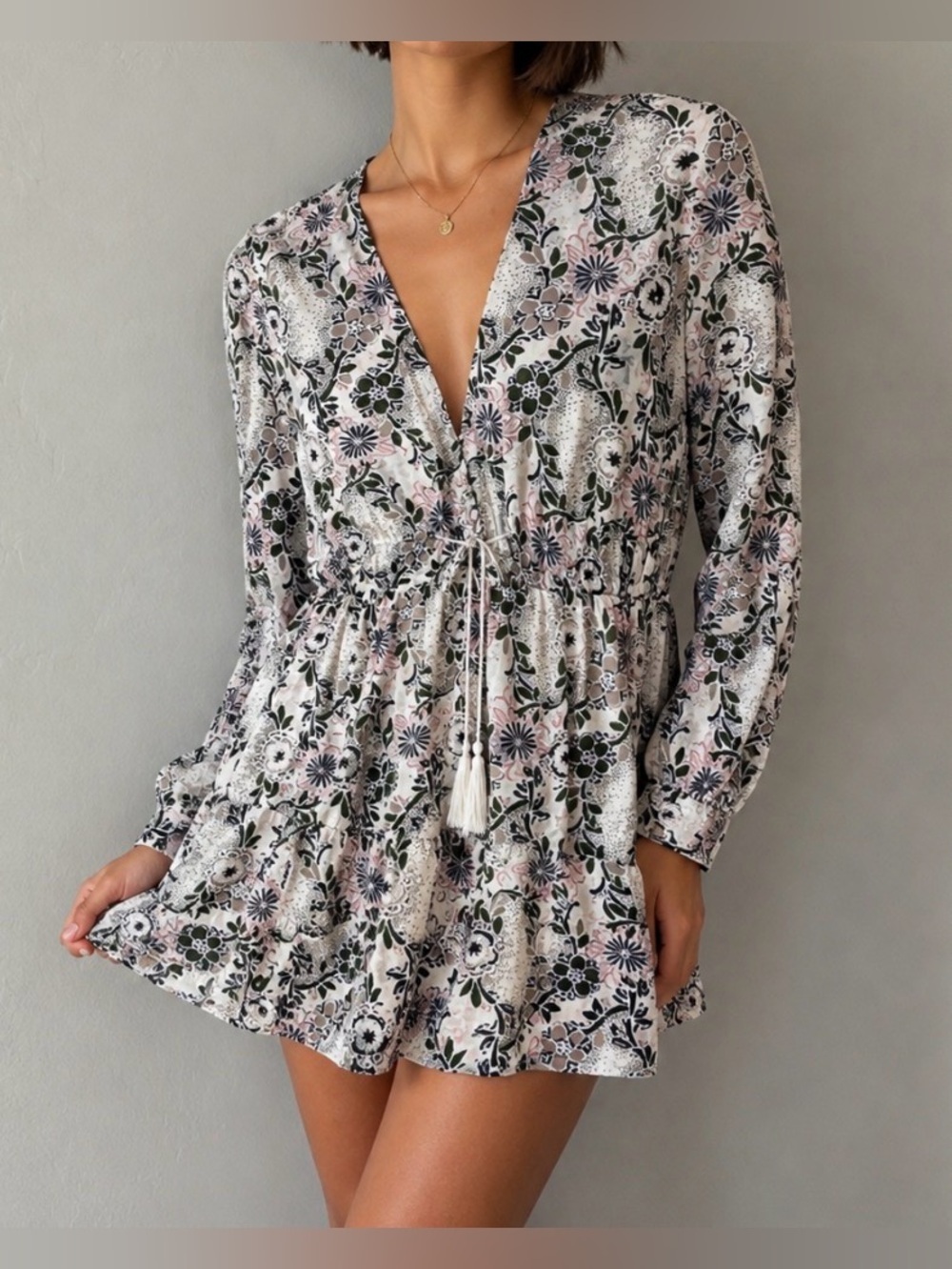 Free People Mini Dress Tunic Top Floral Green Boho Cottagecore Stealing Fire
